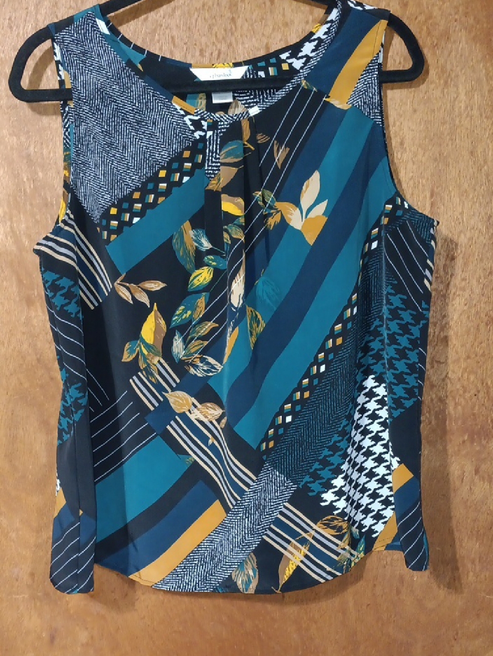 CJ Banks Teal and Mustard Mixed-Print Sleeveless Camisole